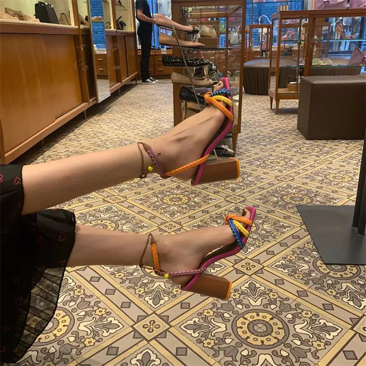 Elegant Block Heels with Stylish Color Straps - Shic Unlimited