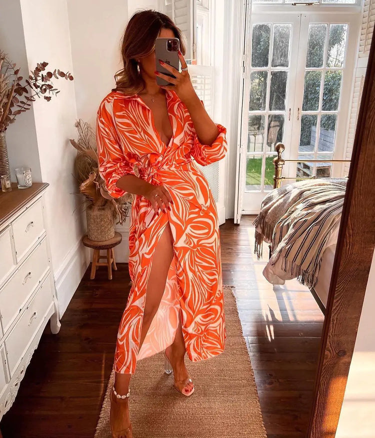Fashion Print Balloon Sleeve Wrap Dress with Tie Slit - Shic Unlimited