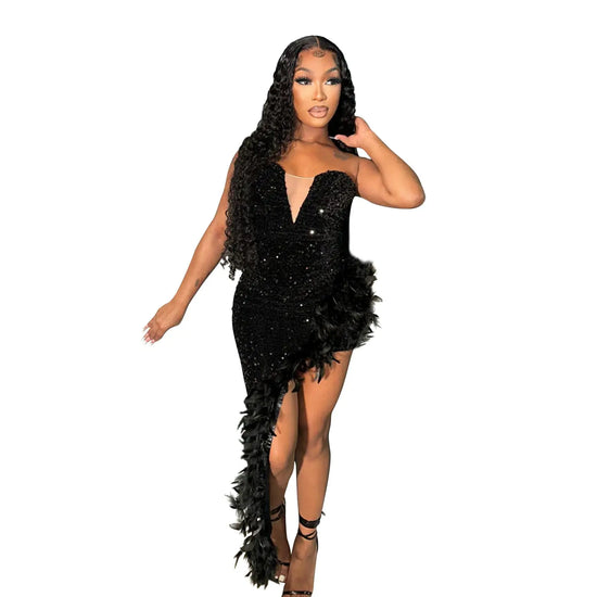 Tube-Top Sequined Feather Dress