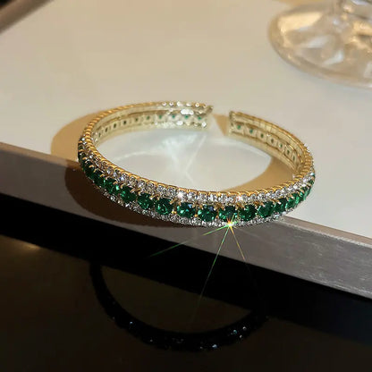 Green Emerald Diamond Open Bangle Bracelet