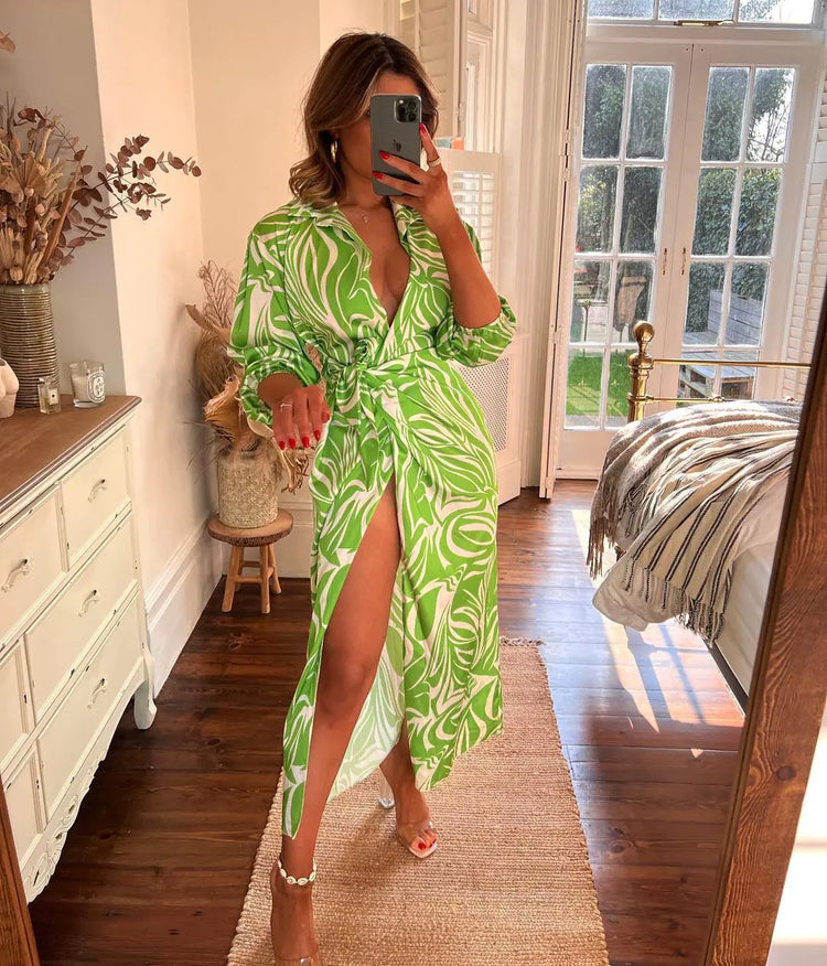 Fashion Print Balloon Sleeve Wrap Dress with Tie Slit - Shic Unlimited