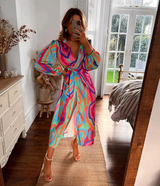 Fashion Print Balloon Sleeve Wrap Dress with Tie Slit - Shic Unlimited