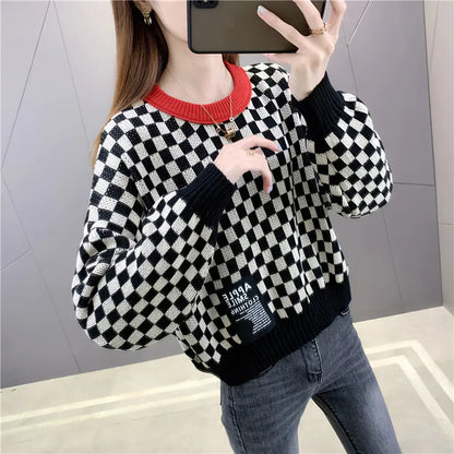 Color Block Houndstooth Crop Top Sweater