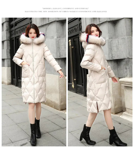 Hooded Mid-Length Cotton Coat with Fur Collar