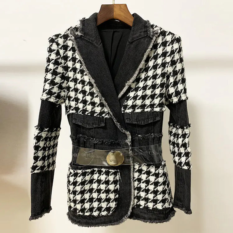 Shic Tweed Houndstooth Denim Belt Jacket - Shic Unlimited