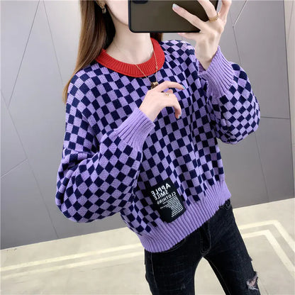 Color Block Houndstooth Crop Top Sweater