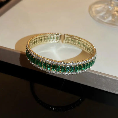 Green Emerald Diamond Open Bangle Bracelet
