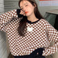 Color Block Houndstooth Crop Top Sweater