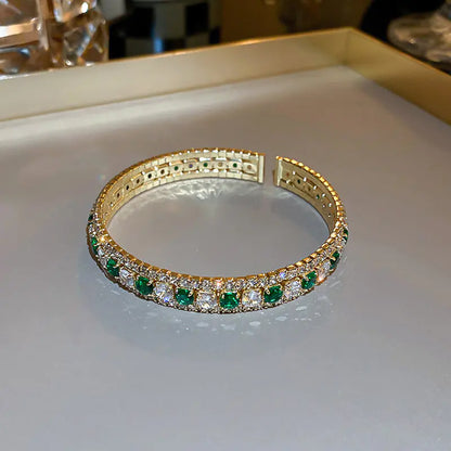 Green Emerald Diamond Open Bangle Bracelet