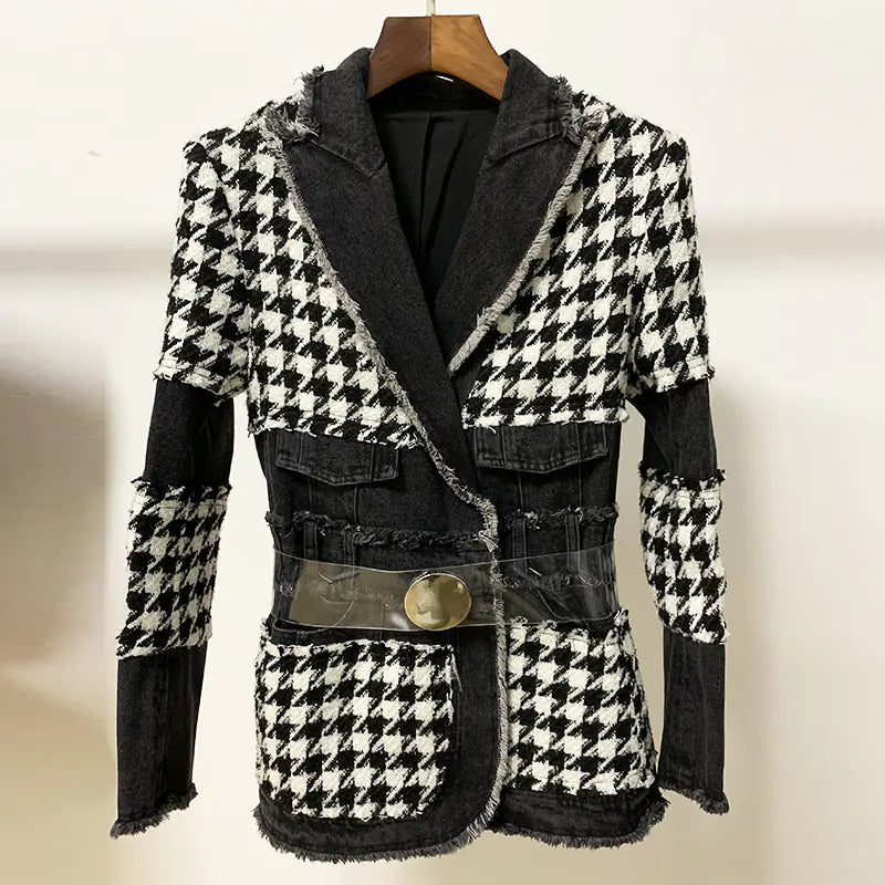 Shic Tweed Houndstooth Denim Belt Jacket - Shic Unlimited