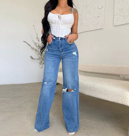 Asymmetrical High Waist Distressed Boyfriend Jeans