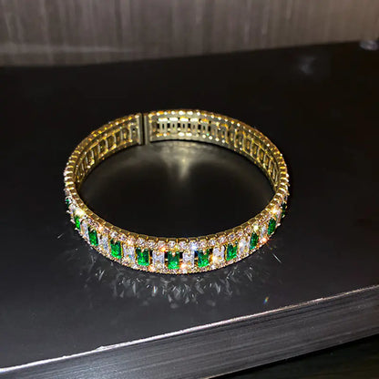 Green Emerald Diamond Open Bangle Bracelet