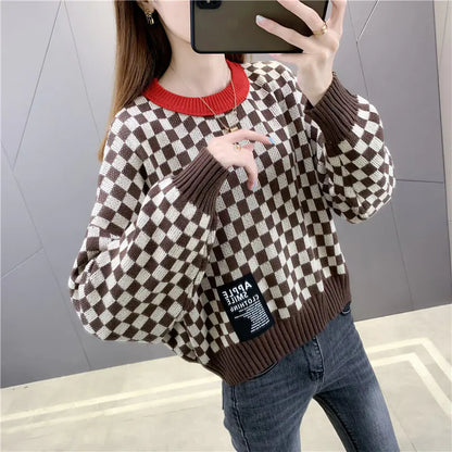 Color Block Houndstooth Crop Top Sweater
